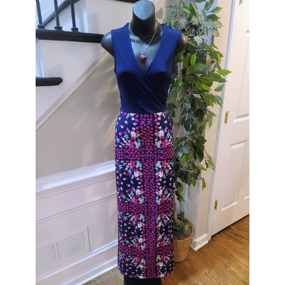 Leota Maxi Dress Women's Small Navy Floral Faux Wrap V-Neck Sleeveless Casual